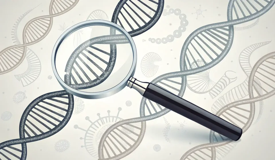 GMO, 영어로 자신 있게 말해보세요! GMO 관련 영어 표현 학습을 상징하는 돋보기, DNA 가닥, 말풍선, 책 아이콘 그래픽