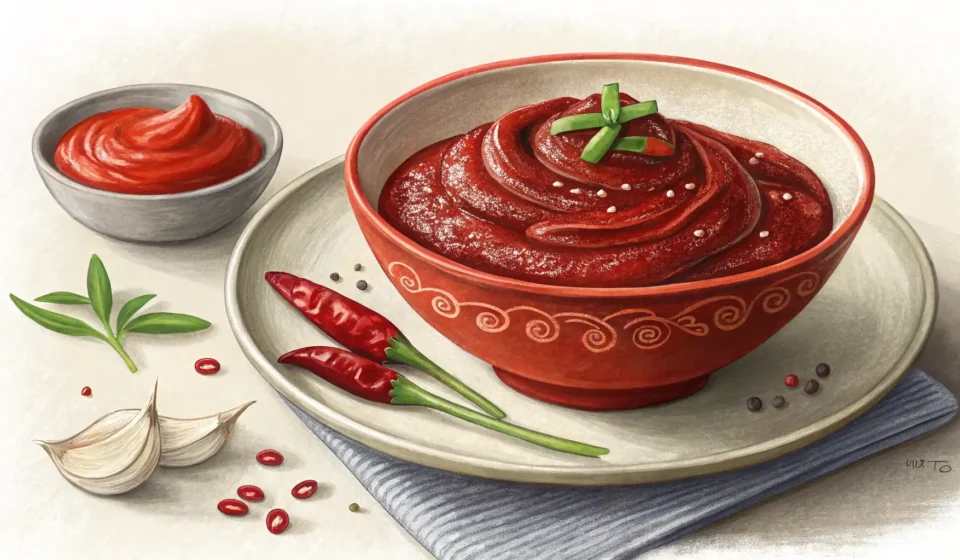 고추장 영어로? 매콤달콤 한국의 맛, 이렇게 표현하세요! 고추장 영어 표현 학습을 상징하는 고추장과 영어 학습 아이콘 이미지