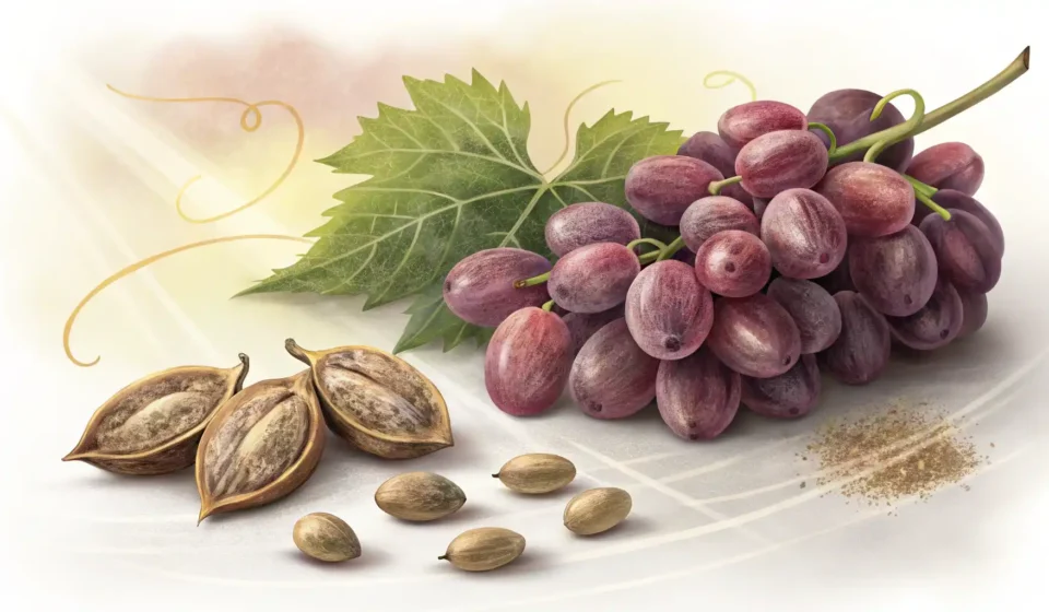 포도씨 영어로? Grape Seed 완벽 정복 가이드 신선한 포도와 포도씨, 그리고 '포도씨'의 영어 표현 학습을 시각적으로 나타낸 매력적인 썸네일 이미지.