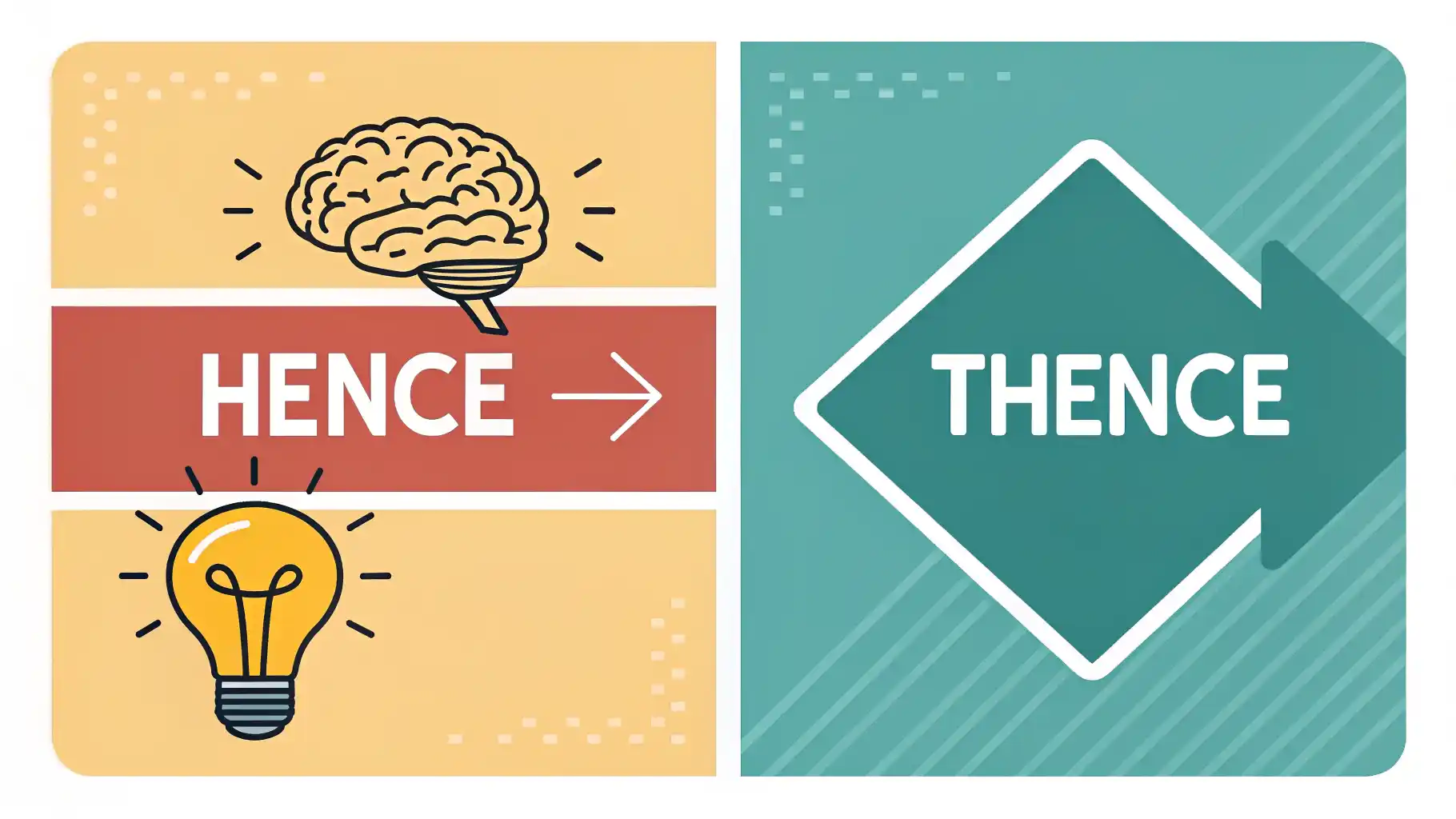 Hence vs “Thence” 차이: 이유와 장소의 미묘한 차이점 영어로 영어 단어 Hence와 Thence의 의미 차이(이유 vs 장소)를 보여주는 플랫 디자인 아이콘 비교 이미지