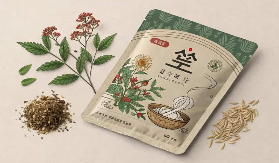 한의원 필수 영어: 한약 복용법 안내 한약 파우치와 영어 학습 관련 아이콘이 보이는 태블릿이 놓여있는 이미지