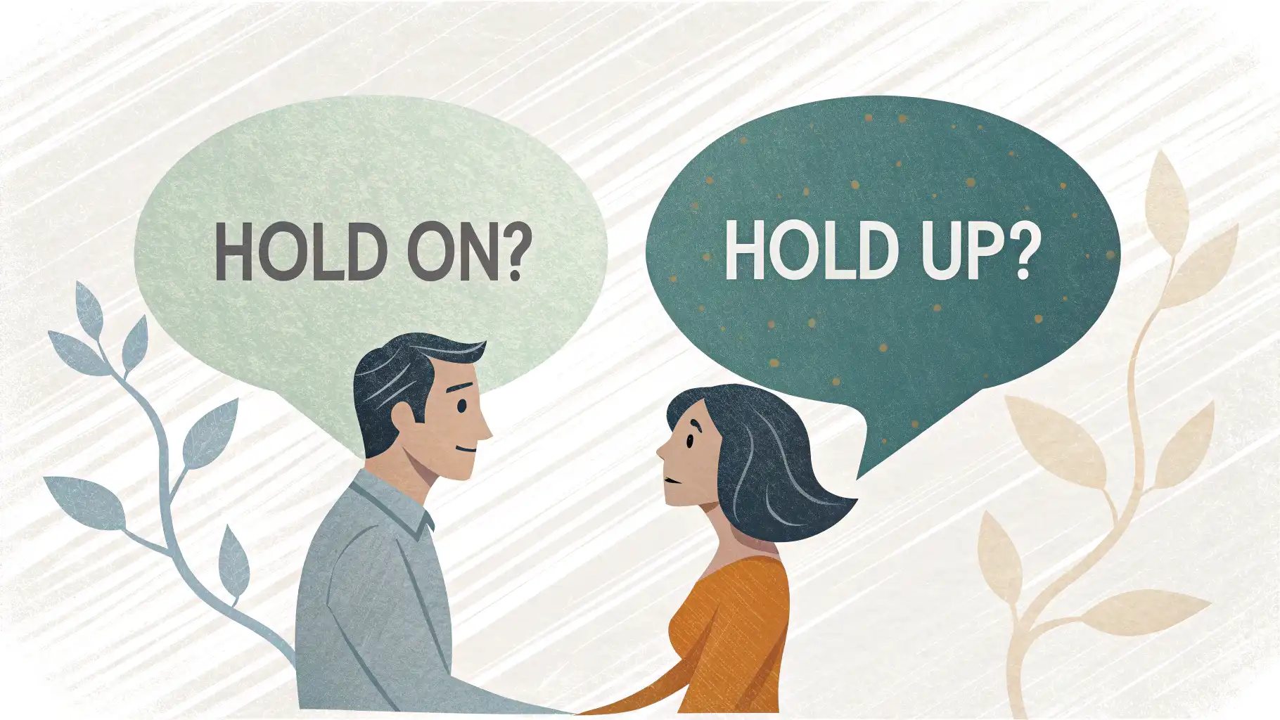 Hold on vs Hold up: 기다림과 지연, 이제 헷갈리지 마세요! 'Hold on?'과 'Hold up?'이라고 적힌 두 개의 말풍선과 물음표 그래픽이 있는 이미지로, 두 영어 표현의 차이를 학습하는 것을 나타냄.