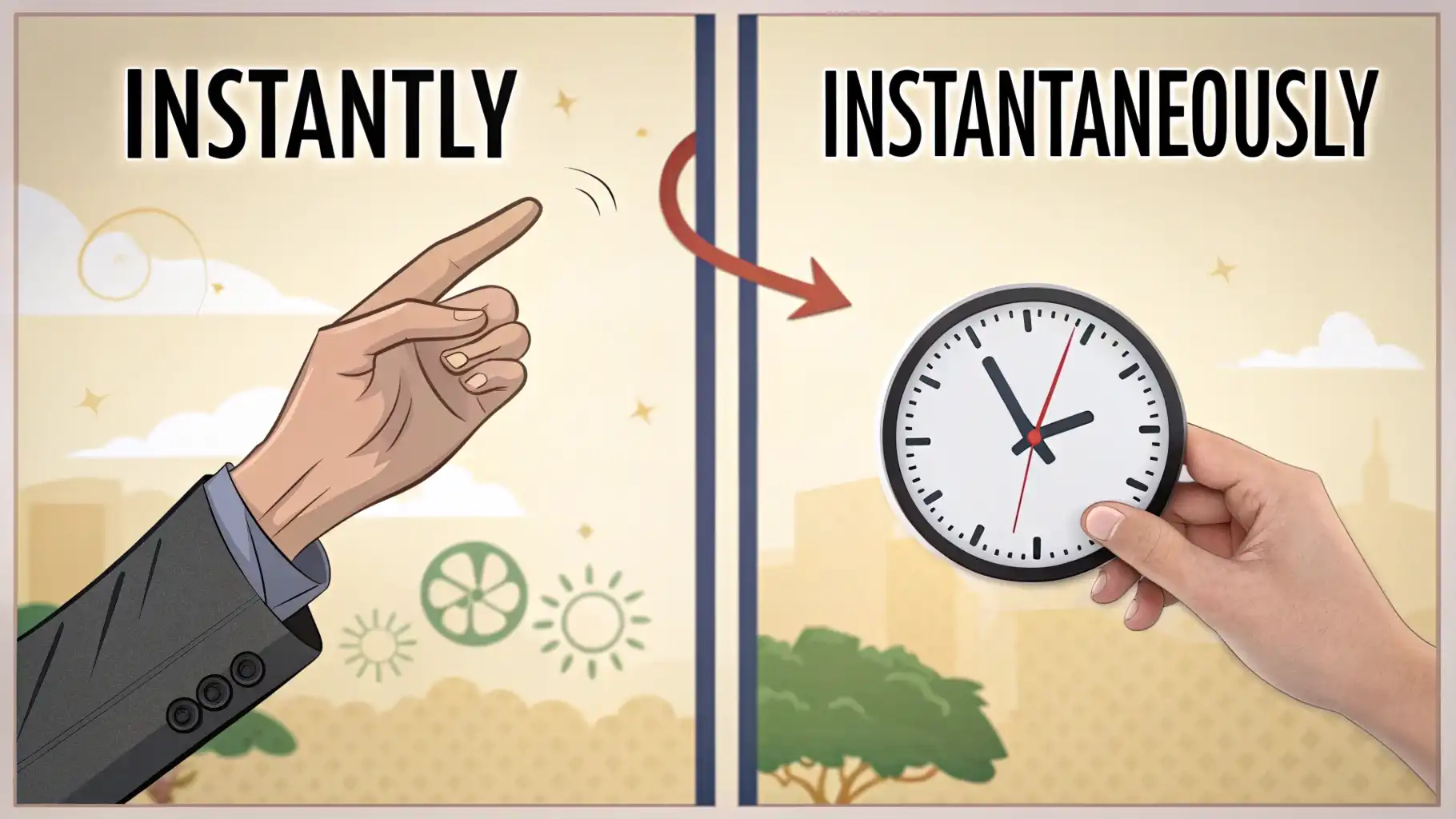 Instantly vs. Instantaneously: 미묘한 차이와 즉각적인 반응 표현 Instantly와 Instantaneously 단어의 미묘한 차이와 '즉시', '바로'를 뜻하는 다양한 영어 표현 학습을 위한 썸네일 이미지.