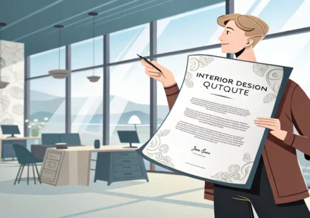 인테리어 견적 설명, 영어로 자신 있게! 인테리어 견적서 관련 영어 표현을 배우는 것을 상징하는 일러스트