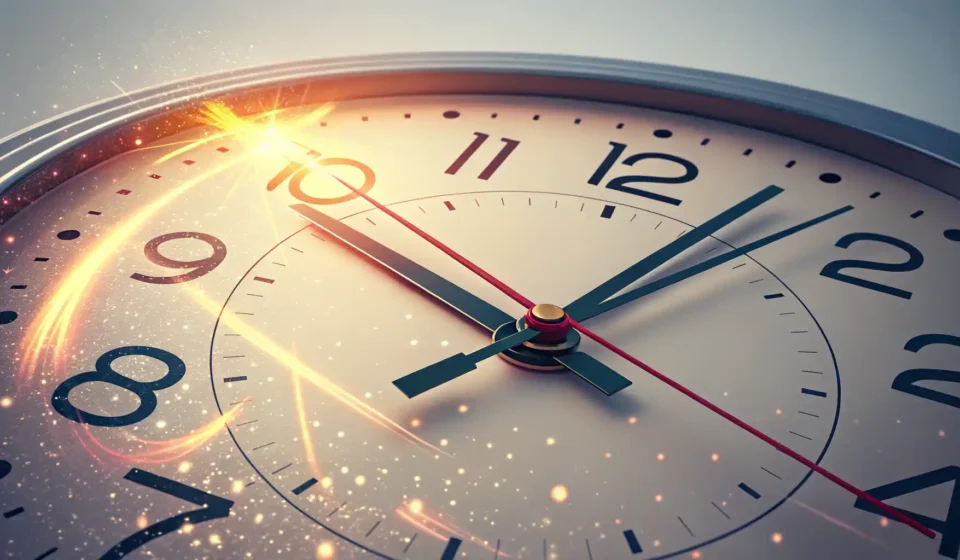 It’s time + 주어 + 과거동사 구문: 지금 해야 할 일 표현하기 영어로 현재 시각을 강조하는 시계와 영어 학습을 상징하는 아이콘 이미지, 'It's time + 주어 + 과거동사' 영어 표현 학습 관련.