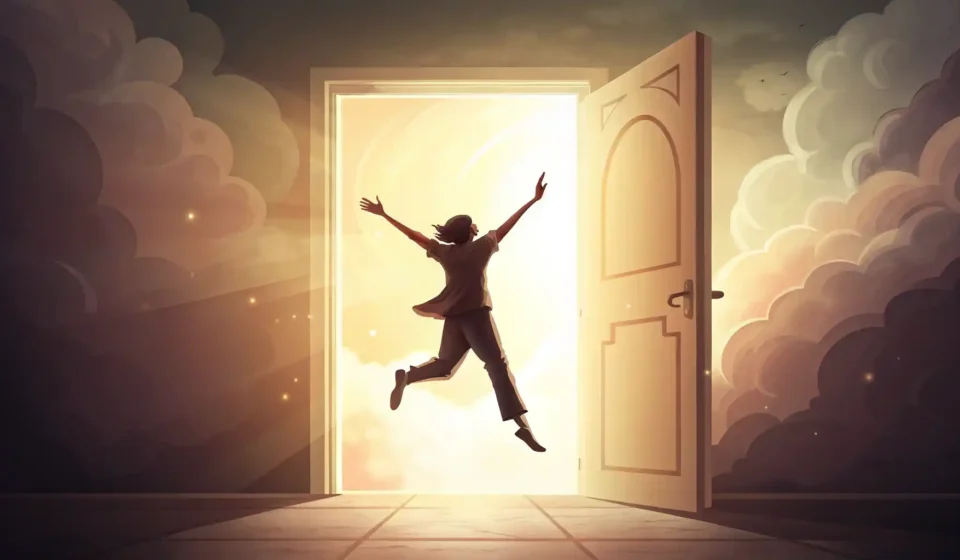 Jump at the chance 구문: 기회를 열정적으로 받아들이는 것을 표현하는 영어 표현법 영어로 빛나는 기회의 문을 향해 활기차게 점프하는 사람을 표현한 일러스트, 영어 학습 컨셉 배경