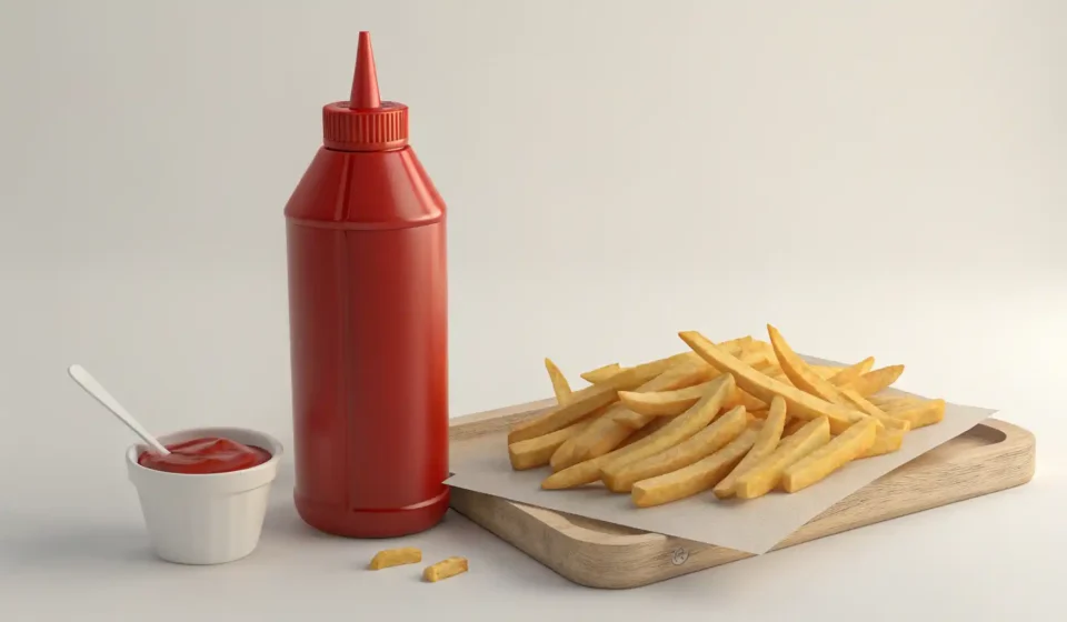 케첩 영어로? ‘Ketchup’ 완벽 발음과 활용법 총정리 케첩 병과 감자튀김 옆에 말풍선 아이콘이 있는 이미지, 케첩 관련 영어 표현 학습을 나타냄