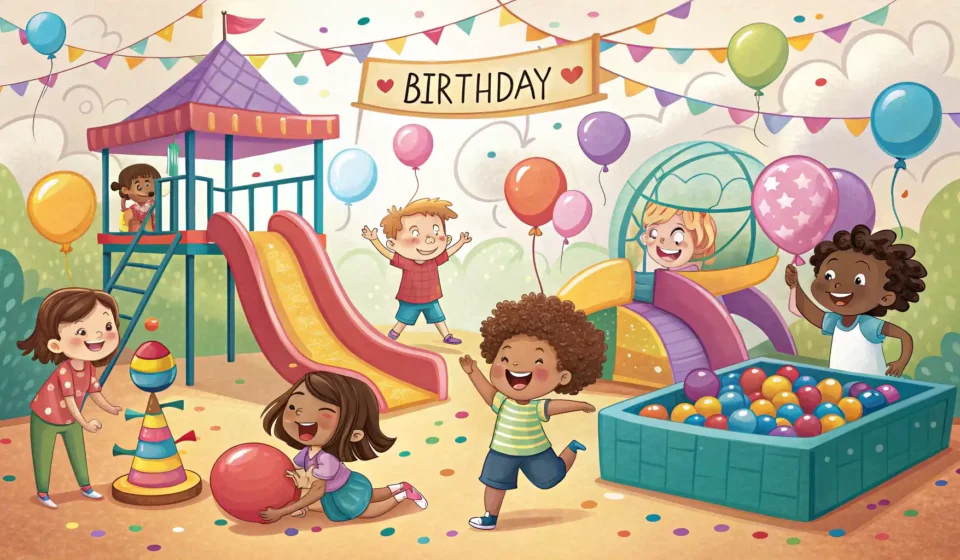 어린이 놀이방 생일 파티, 영어로 자신 있게! 어린이 놀이방에서 열리는 생일 파티 장면. 아이들이 즐겁게 놀고 있고, 생일 케이크와 풍선 장식이 보임. 어린이 파티 영어 표현 관련 콘텐츠 이미지.