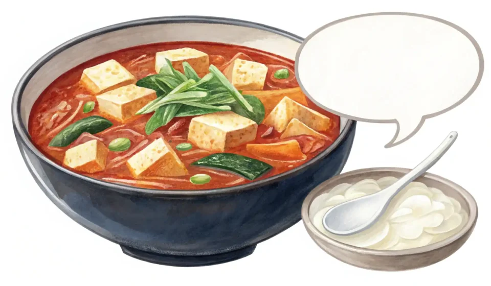 김치찌개, 영어로 자신 있게 주문하고 설명하는 법 김치찌개 그릇과 영어 국기 아이콘이 담긴 말풍선이 함께 있는 이미지, 김치찌개 관련 영어 표현 배우기 콘텐츠임을 나타냄.