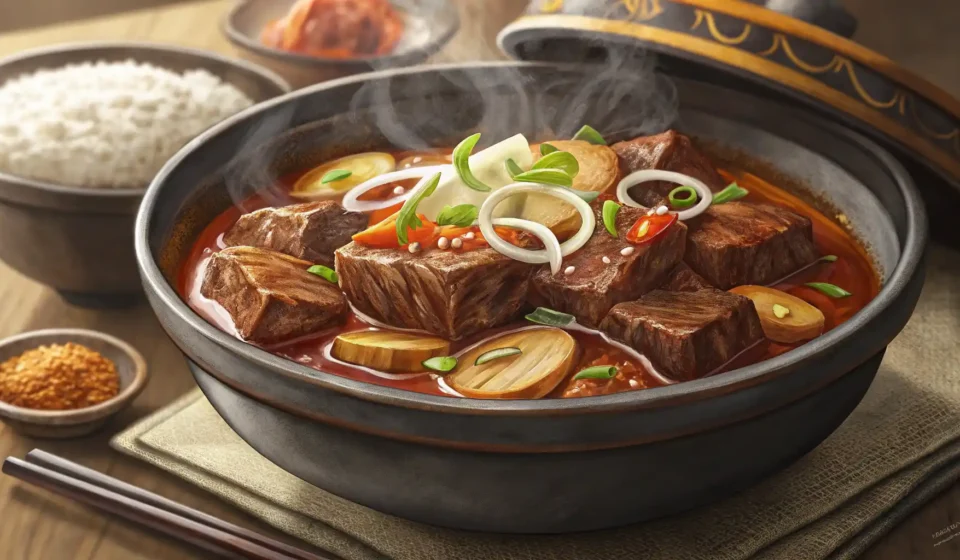 한국의 맛 ‘찜’ 영어로 자신 있게 설명하기: 다양한 표현과 실전 대화 맛있어 보이는 한국 찜 요리와 영어 학습을 상징하는 아이콘 이미지.