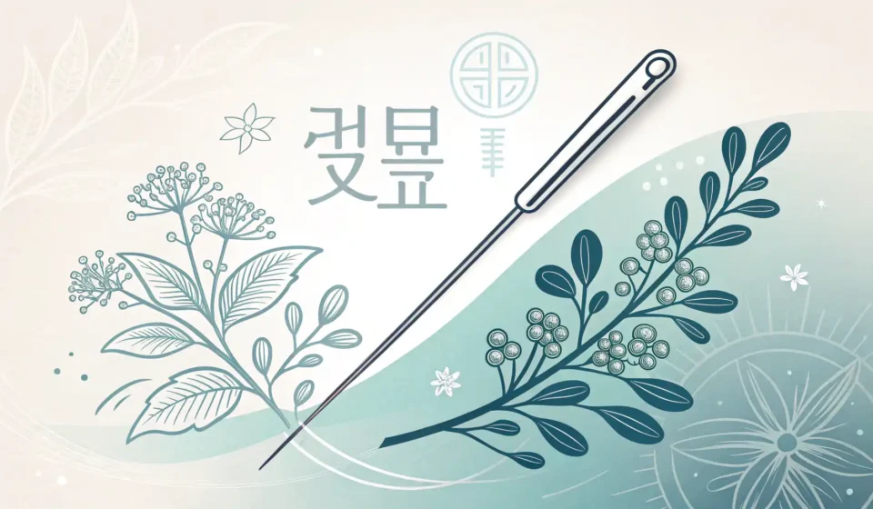 해외에서도 통하는 한의원 영어 표현 완벽 정리 한의학 침과 약초가 영어 학습 및 소통을 상징하는 전구 아이콘과 결합된 미니멀리스트 그래픽