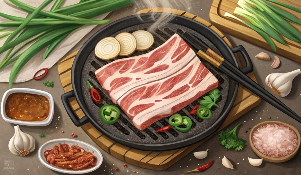 삼겹살 영어로? ‘Pork Belly’ 완벽 정복 가이드 지글지글 구워지는 삼겹살과 반찬들 옆에 영어 표현 공부를 연상시키는 노트와 펜이 놓여있는 이미지
