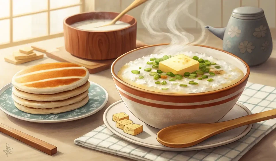 죽 영어로? Porridge부터 Congee까지 완벽 정리! 따뜻한 죽 한 그릇 옆에 영어 단어 카드가 놓여 있어 '죽'의 영어 표현 학습을 나타내는 이미지