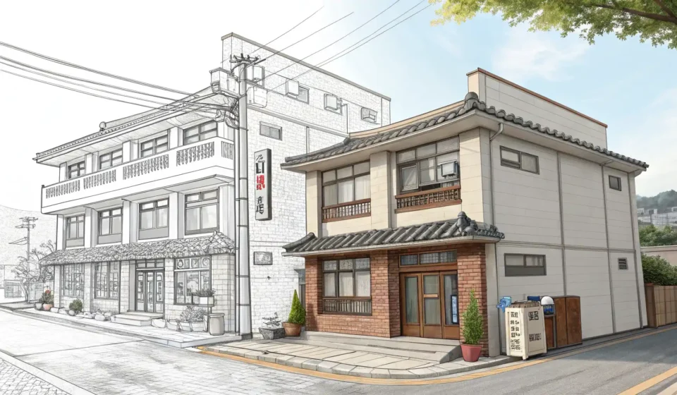 “빌라” 영어로? 정확한 표현 알아보기 한국식 빌라 건물과 서양식 고급 빌라 저택이 나란히 비교되고 가운데 물음표 아이콘이 있는 이미지, 한국식 빌라를 영어로 설명하는 방법을 알려주는 콘텐츠임을 나타냄.
