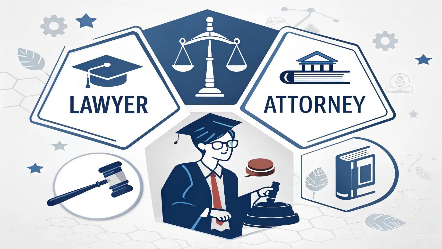 변호사 영어로 '변호사 영어로?'라는 한글 텍스트와 함께 'Lawyer', 'Attorney' 영어 단어, 법봉, 정의의 저울 아이콘이 있는 영어 학습 썸네일 이미지.