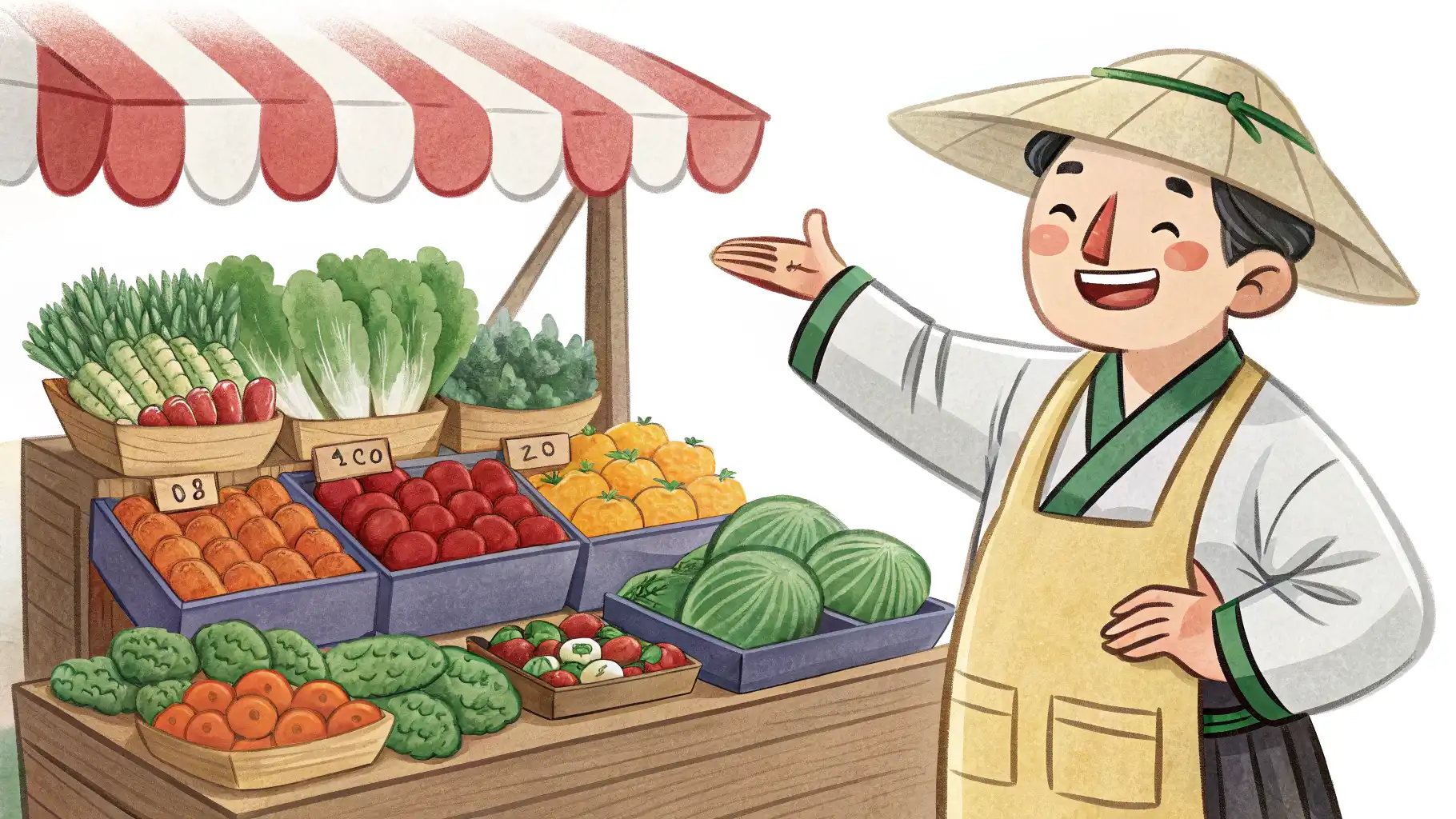 야채 가게 영어: 손님 응대부터 판매까지 완벽 마스터 신선한 야채 앞에서 외국인 손님에게 영어로 인사하는 야채 가게 주인 일러스트, 영어 학습 컨셉 강조.