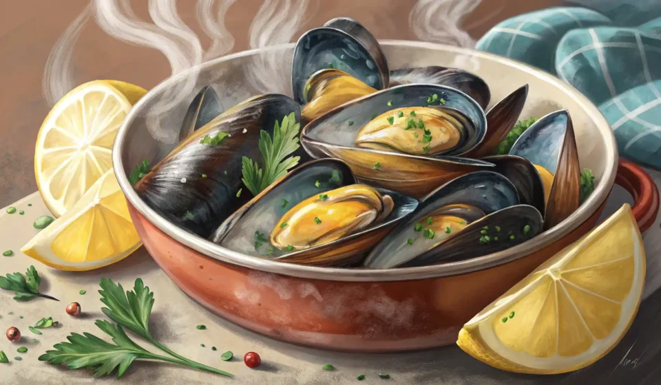 홍합 영어로? Mussel! 해산물 레스토랑 필수 영어 표현 정복하기 김이 모락모락 나는 홍합 요리 옆에 영어 표현 학습을 상징하는 말풍선 아이콘이 있는 이미지