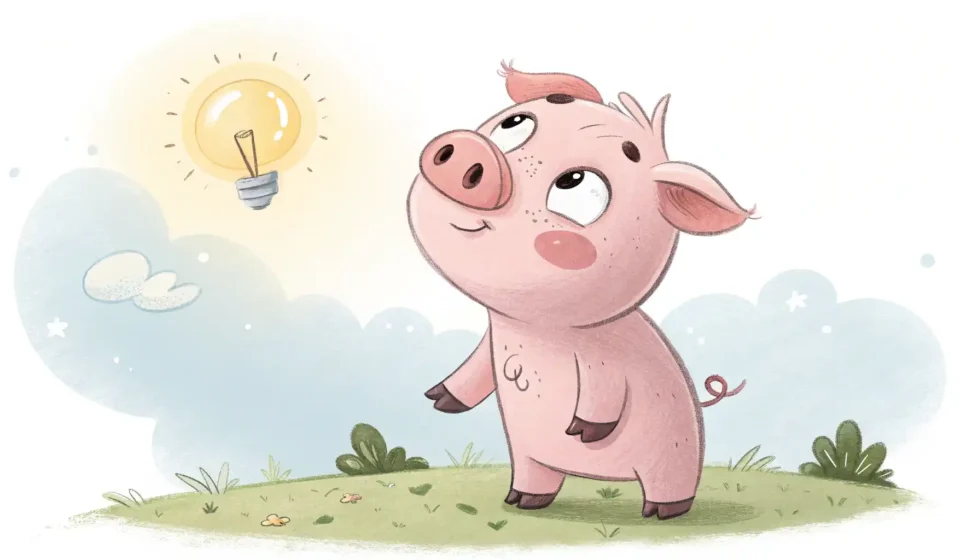 돼지를 영어로 어떻게 말할까요? Pig부터 Swine까지 완벽 정리! 귀여운 돼지 캐릭터가 영어 표현 학습을 상징하는 빛나는 전구를 생각하는 모습 일러스트
