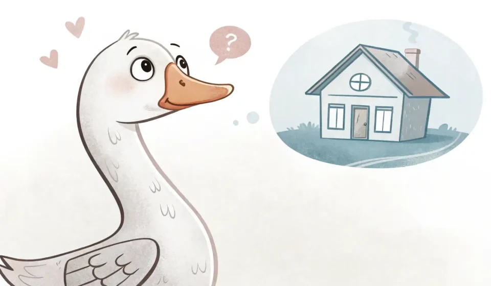 거위를 영어로 뭐라고 할까요? Goose 완전 정복! 귀여운 거위 캐릭터가 영어를 배우는 모습을 나타내는 일러스트, '거위' 영어 표현 학습 콘텐츠 썸네일