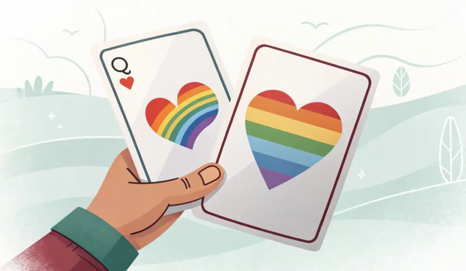 LGBTQ 관련 영어 표현: 존중과 이해를 담아 소통하기 무지개 하트 아이콘과 말풍선 아이콘이 그려진 영어 학습용 플래시카드를 보여주는 이미지