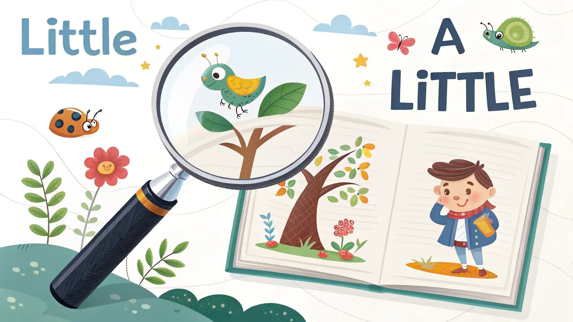 Little vs. A little: 긍정과 부정의 미묘한 차이 돋보기로 'a'를 강조하며 'little'(부정적, 거의 없음)와 'a little'(긍정적, 조금 있음)의 의미 차이를 시각적으로 보여주는 영어 학습 썸네일 이미지.