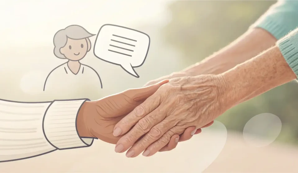 장기요양, 영어로 자신 있게 말하기: 필수 표현 완벽 정리 장기요양 관련 영어 표현 학습을 상징하는 이미지: 돌보는 손과 영어 국기가 포함된 말풍선 아이콘.