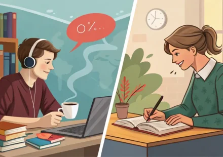 Meanwhile vs. At the same time: 동시 발생 상황, 영어로 자연스럽게 말하기 분할된 화면으로 한쪽은 영어 공부, 다른 한쪽은 다른 활동을 동시에 하는 모습을 보여주며 'Meanwhile'과 'At the same time'의 차이를 시각적으로 암시하는 이미...