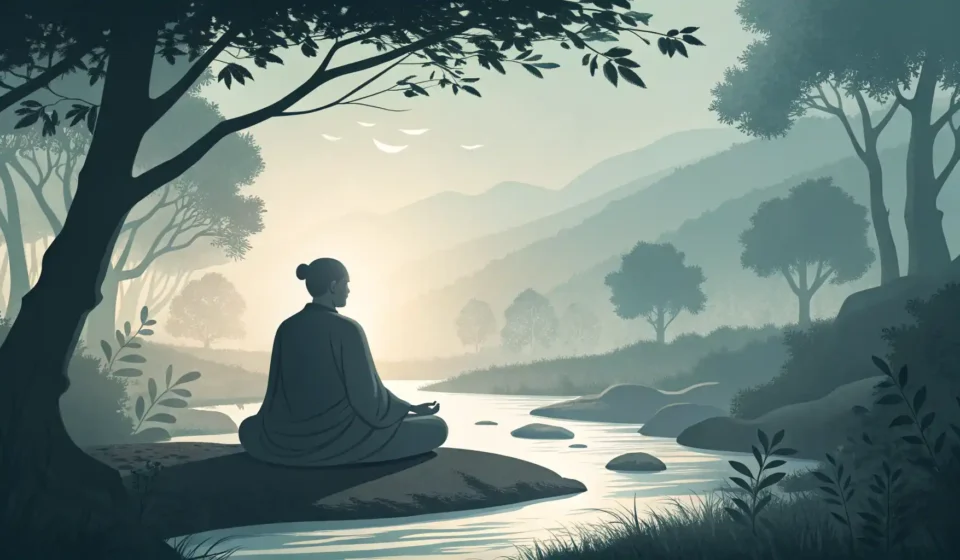차분하게 영어로 말해요: 명상 필수 영어 표현 명상하는 사람 주위에 떠다니는 영어 알파벳 글자를 보여주는 차분한 일러스트레이션