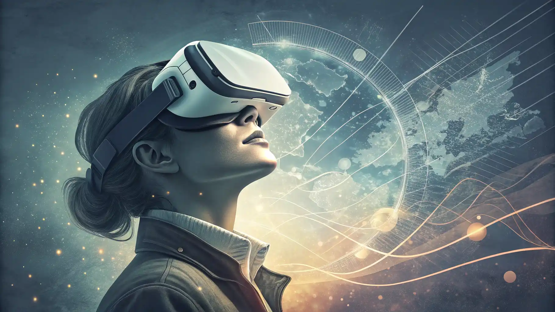 메타버스에 대해 영어로 배워보기! VR 헤드셋을 쓰고 메타버스 관련 영어 표현을 배우는 것을 상징하는 이미지