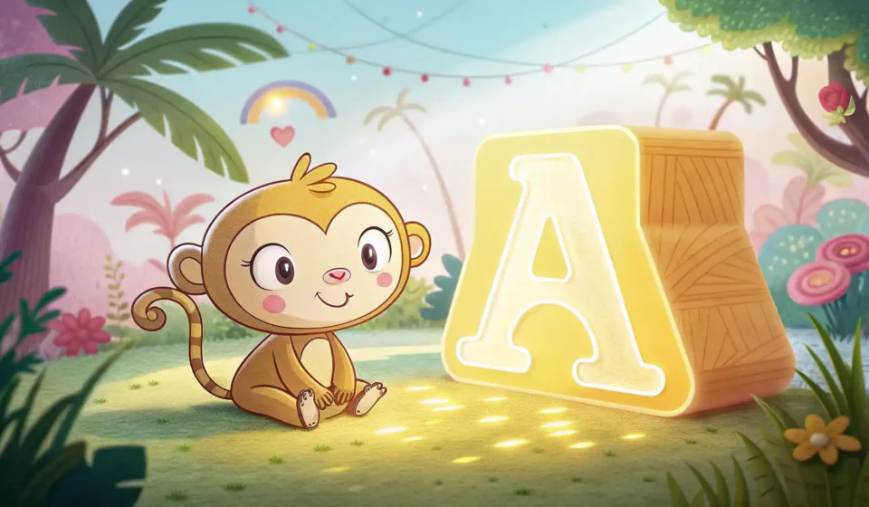 원숭이를 영어로? ‘Monkey’ 완벽 정복 가이드! 영어 알파벳 블록 옆에 앉아 있는 귀여운 원숭이 캐릭터 일러스트