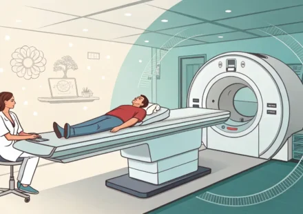 MRI 검사 관련 영어, 이것만 알면 걱정 끝! MRI 검사 관련 영어 표현 학습을 상징하는 MRI 기계와 뇌 아이콘 이미지