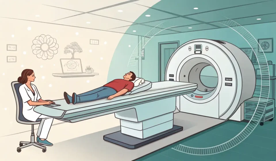 MRI 검사 관련 영어, 이것만 알면 걱정 끝! MRI 검사 관련 영어 표현 학습을 상징하는 MRI 기계와 뇌 아이콘 이미지