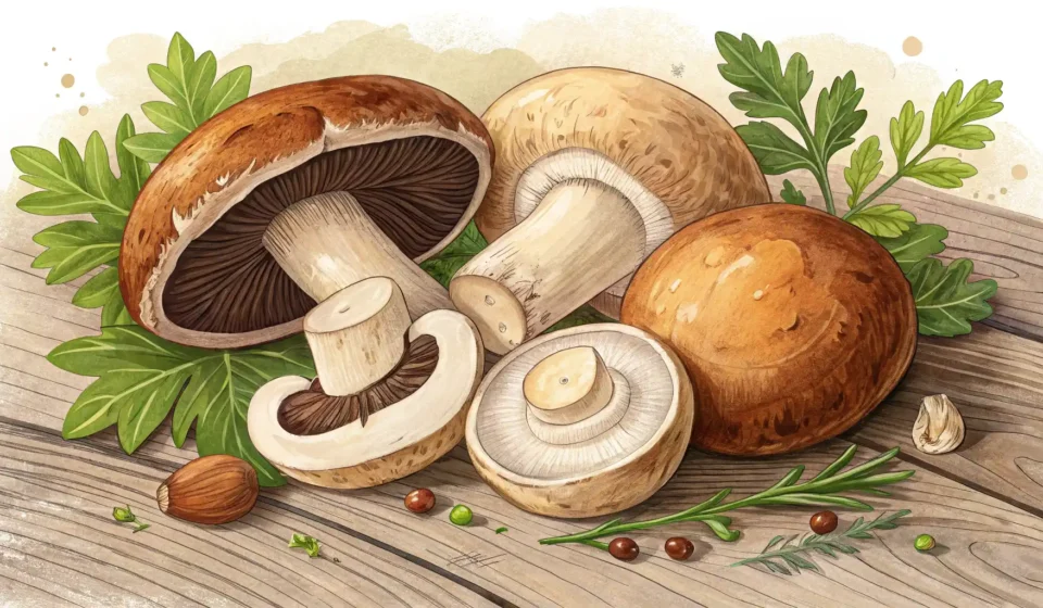 버섯 영어로? Mushroom! 다양한 표현과 활용법 알아보기 다양한 종류의 버섯 이미지와 영어 학습을 나타내는 말풍선 아이콘