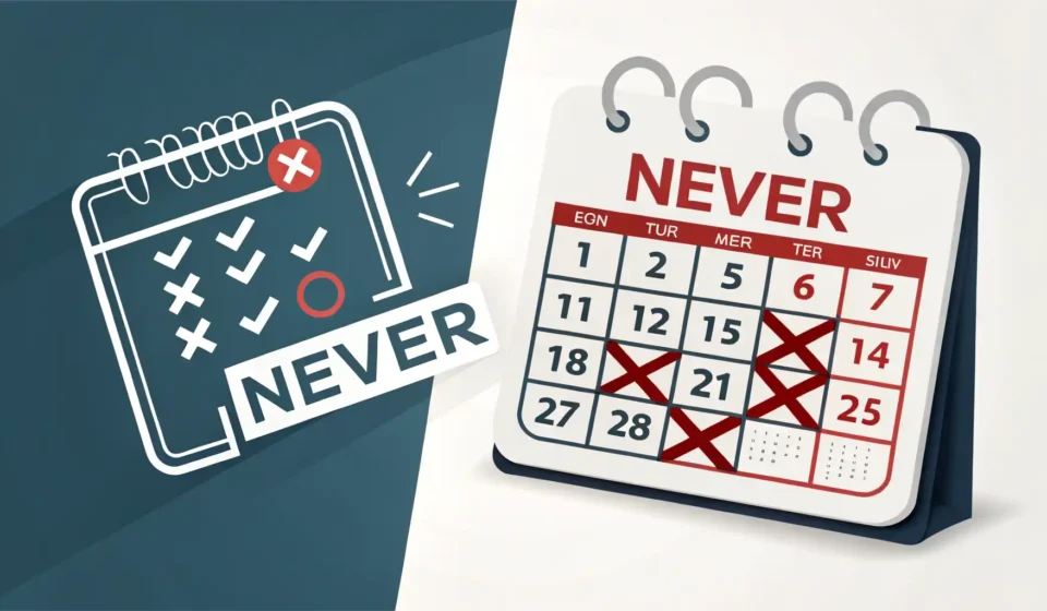 “Never”와 “Not at all”의 미묘한 차이, 부정 표현 완벽 마스터하기! 영어 부정 표현 Never와 Not at all의 차이(빈도 vs 정도)를 시각적으로 나타내는 달력과 게이지 아이콘 이미지