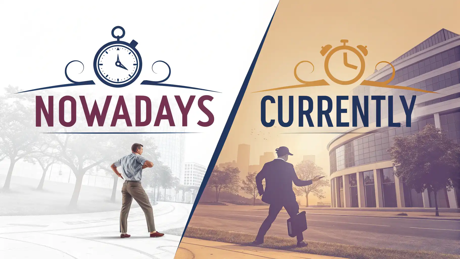 Nowadays와 Currently의 차이와 현재 시점 표현 영어로 영어로 'Nowadays'와 'Currently'의 의미 차이와 현재 시점 표현을 설명하는 섬네일 이미지. 두 단어가 시각적으로 비교되어 있음.