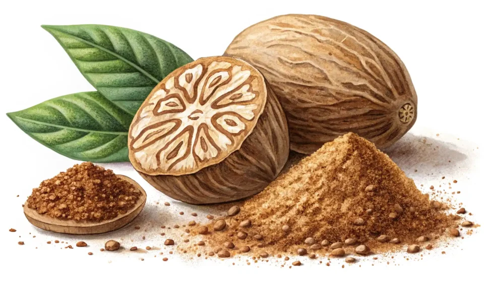 육두구 영어로? 향신료의 왕, Nutmeg 완벽 정복 가이드 영어 단어 'Nutmeg' 배우기: 통 육두구와 가루 육두구 향신료 클로즈업 이미지