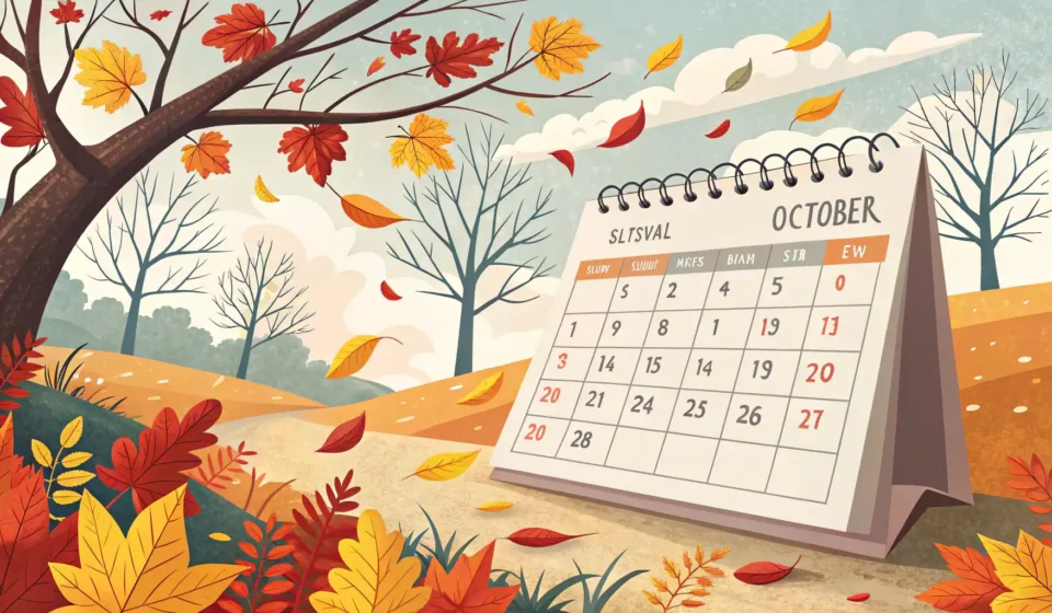 10월 영어로 완벽하게 말하는 법: October 발음부터 활용까지 10월 영어 표현 학습을 상징하는 가을 단풍잎과 달력, 말풍선 아이콘 이미지