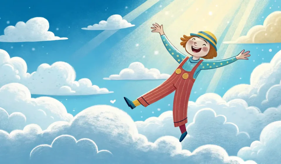 On cloud nine 구문: 매우 행복하거나 황홀한 상태를 표현하는 방법 영어로 밝은 하늘 구름 사이에 행복하게 떠 있는 사람 이미지, 영어 행복 표현 'on cloud nine' 상징