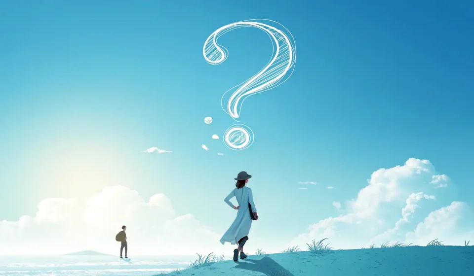 예상치 못한 순간, 영어로 자연스럽게! ‘Out of the Blue’ 완벽 정복 가이드 파란 하늘 배경에 갑자기 나타난 물음표 아이콘, 'out of the blue' 영어 표현 학습 썸네일