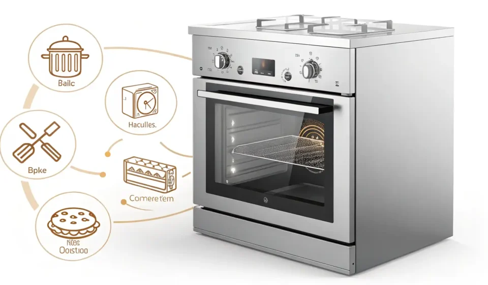 오븐 영어로? 주방 필수템 ‘Oven’ 완벽 정복 가이드 오븐과 영어 학습을 상징하는 아이콘 (전구, 영국 국기, 책) 이미지