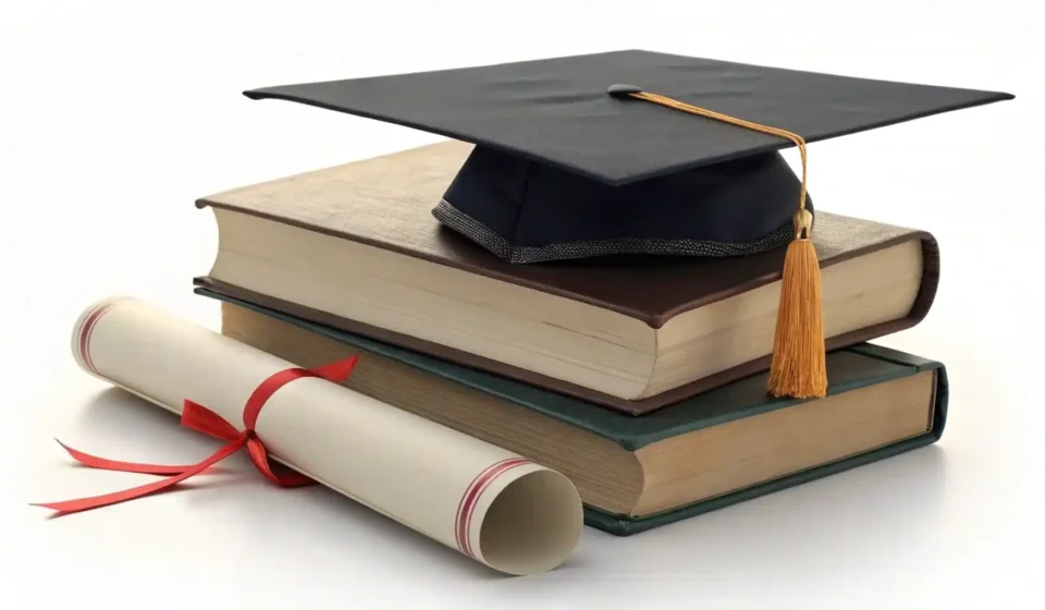 박사과정 영어로? PhD Program 완벽 정복 가이드 박사 과정 영어 표현 학습을 상징하는 졸업 모자, 책, 그리고 언어 학습 아이콘 썸네일 이미지
