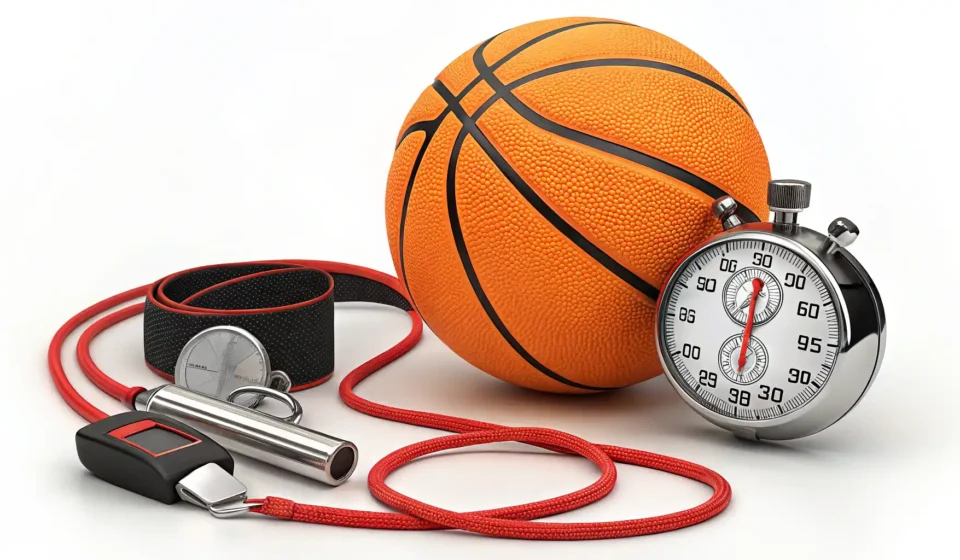 체육교육 영어로? Physical Education 완벽 정리! 체육 교육 관련 영어 표현 학습을 상징하는 이미지: 농구공, 호루라기, 스톱워치 옆에 영어 'ABC' 블록이 담긴 말풍선이 그려져 있음.