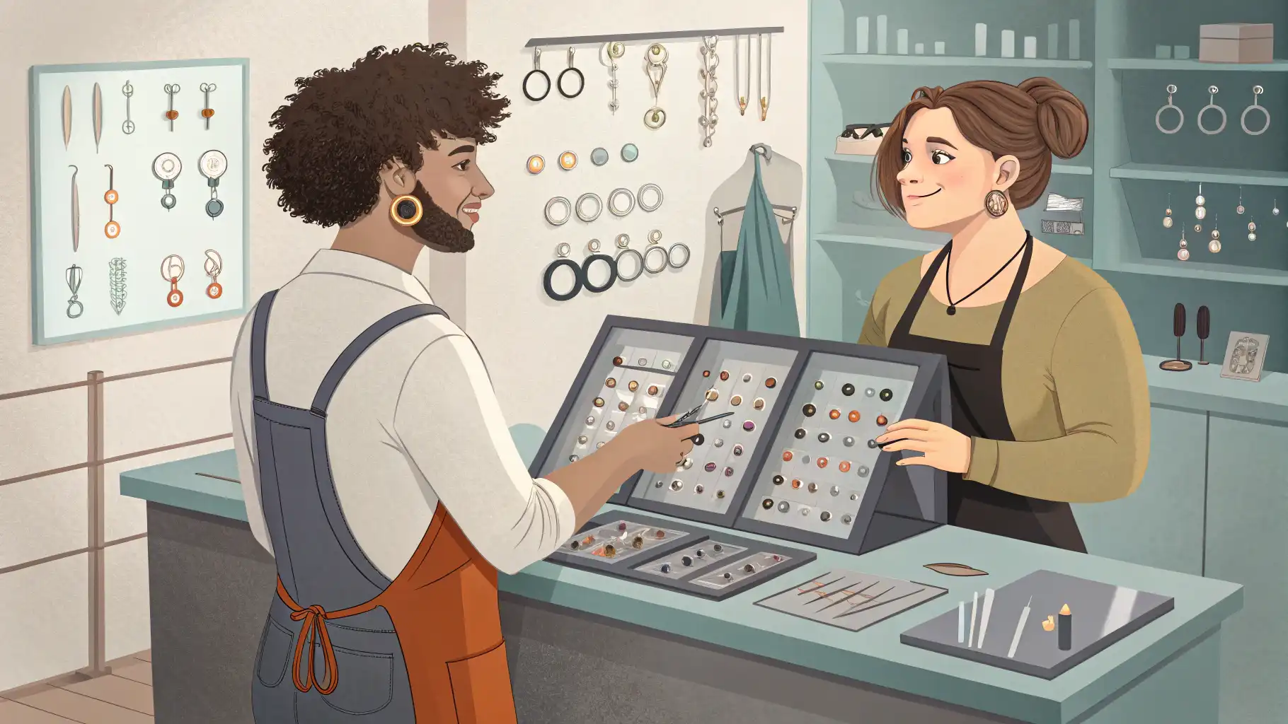 피어싱 샵 직원의 영어 응대, 이것만 알면 문제 없어요! 1 피어싱 샵 직원이 외국인 손님에게 영어로 피어싱 주얼리 종류를 설명하는 모습.