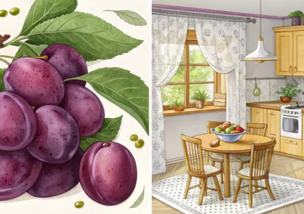 자두, 영어로 어떻게 말할까요? 정확한 표현과 활용법 알아보기 신선한 자두 사진과 영어 학습을 상징하는 아이콘들