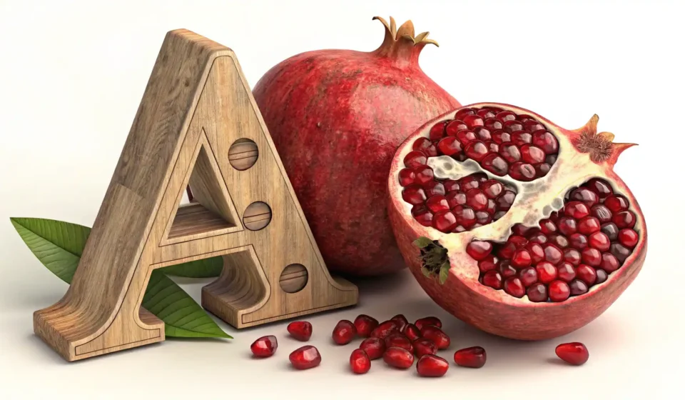 석류, 영어로 어떻게 말할까요? Pomegranate 완벽 정복! 영어 단어 'Pomegranate' 학습을 나타내는 반으로 갈라진 석류와 알파벳 'P' 블록 이미지
