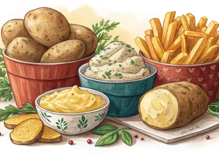 감자를 영어로? Potato 완벽 정복 가이드 다양한 종류의 감자 요리 이미지와 영어 학습을 상징하는 아이콘, 감자 관련 영어 표현 배우기