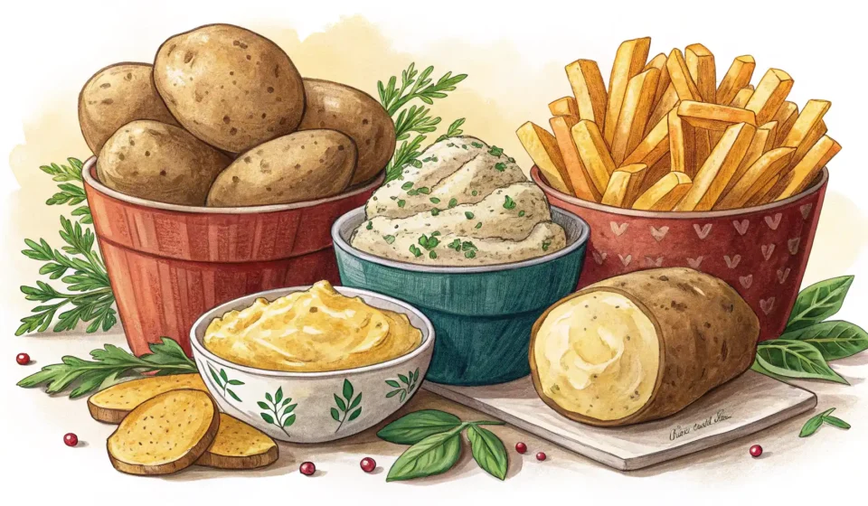 감자를 영어로? Potato 완벽 정복 가이드 다양한 종류의 감자 요리 이미지와 영어 학습을 상징하는 아이콘, 감자 관련 영어 표현 배우기