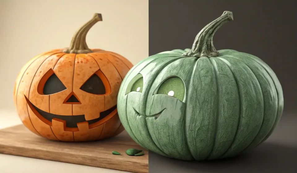 호박, 영어로 어떻게 말할까요? Pumpkin vs. Squash 완벽 정리 주황색 펌킨과 여러 종류의 스쿼시(버터넛, 주키니 등)를 나란히 비교하며 영어 단어 'Pumpkin'과 'Squash'의 차이를 시각적으로 보여주는 이미지
