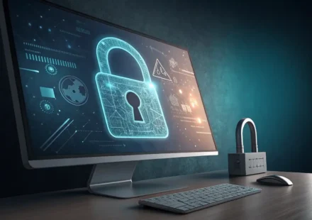 랜섬웨어 영어로? 핵심 표현과 대처법 알아보기 컴퓨터 화면에 자물쇠 아이콘과 영어 학습을 상징하는 말풍선이 함께 표시되어 랜섬웨어 관련 영어 표현 학습을 나타내는 이미지