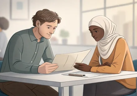 부동산 계약 상담, 영어로 자신 있게! 필수 표현 총정리 부동산 계약 서류와 열쇠를 앞에 두고 영어로 상담하는 두 사람 일러스트